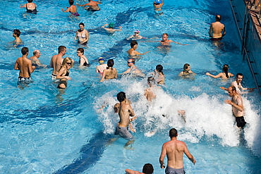 Open-air area of the Gellert Baths, People in the open-air area of the Gellert Baths, Buda, Budapest, Hungary