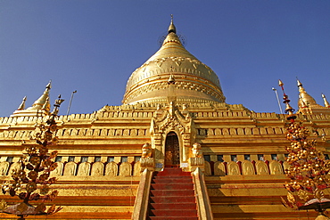 Shwezigon Pagoda reputedly contains some bones of Buddha, a copy of Buddha's tooth and an emerald Buddha, building completed in 1090