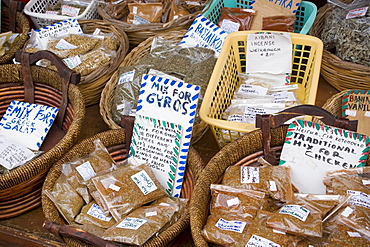 Different greek spices lying in baskets for selling, Zia, Kos, Greece