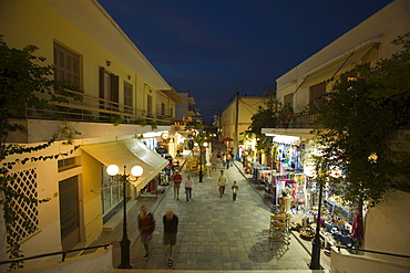 People strolling over shopping street with souvenir shops in the evening, old town, Kos-Town, Kos, Greece