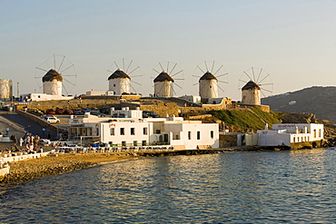 Famous traditional windmills on a hill, Mykonos-Town, Mykonos, Greece