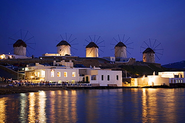 Windmills on a hill in the evening, Little Venice, Mykonos-Town, Mykonos, Greece