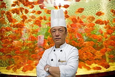 restaurant chef infront of aquarium