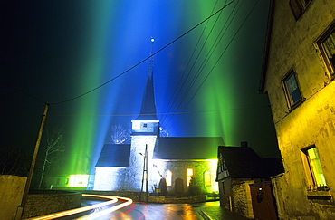 Europe, Germany, Thuringia, Weimar, Feininger Church Gelmeroda with light installation, Lichtskulptur Gelmeroda -LS 9803-