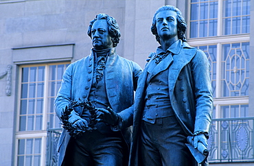 Europe, Germany, Thuringia, Weimar, Goethe and Schiller memorial in front of the Weimarer theatre