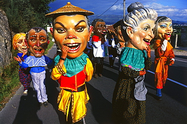 Procession of giant heads, village festival, San Juan de Poio, Province Pontevedra, Galicia, Spain