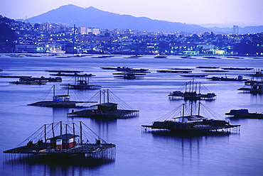 Townscape with Mussel floats, Vigo, Ria de Vigo, Rias Baixas, Province of Pontevedra, Galicia, Spain