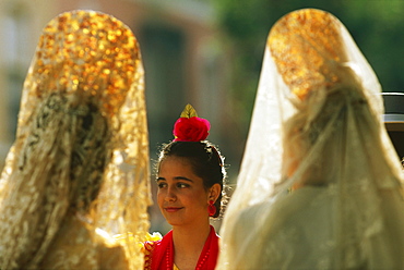 Women, girls with Mantilla, Sevilla, Andalusia, Spain