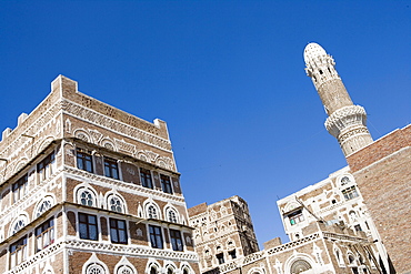 Traditional Houses & Minaret in Old Town Sana'a, Sana'a, Yemen