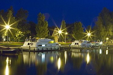 Crown Blue Line Houseboats at Night, Earnewald, Frisian Lake District, Netherlands