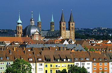 Europe, Germany, Bavaria, Wuerzburg, view over the city with Cathedral Saint Kilian and town hall