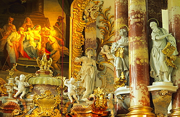 Europe, Germany, Bavaria, Steingaden, Wies church, detail of sculptures of the saints