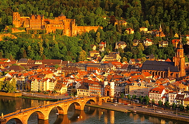 Europe, Germany, Baden-Wuerttemberg, Heidelberg, view of Heidelberg from Philosophenweg upon the old town with the castle, Heiliggeistkirche and Alte Bruecke