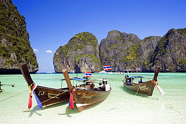 View over Maya Bay, a beautiful scenic lagoon, famous for the Hollywood film "The Beach" with anchored boats, Ko Phi-Phi Leh, Ko Phi-Phi Islands, Krabi, Thailand, after the tsunami