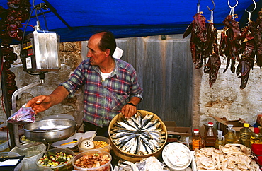 Market Stall selling fish, Market Day, Sineu, Mallorca, Spain