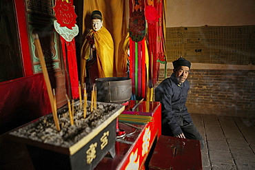 Interior view of the temple inside the hanging monastery, Heng Shan North, Shanxi province, China, Asia