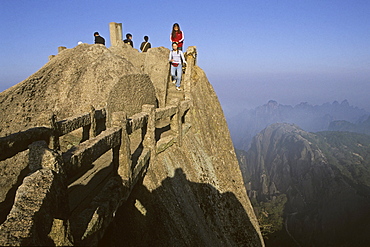 steep rock carved stone steps to Lotus Peak, Huang Shan, Anhui province, steep climb, stone steps, World Heritage, UNESCO, China, Asia