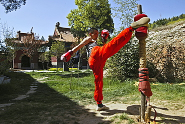 Kung Fu student kick boxing training, Song Shan, Henan province, China, Asia