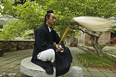 Taoist monk Zhang Qingren demonstrating Tai Chi, Hou Shi Wu Temple, Mount Tai, Tai Shan, Shandong province, World Heritage, UNESCO, China