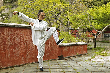 Taoist monk in Tai Chi pose, Tai Shan, Shandong province, Taishan, Mount Tai, World Heritage, UNESCO, China, Asia