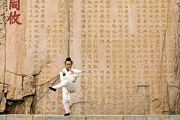 Taoist monk Zhang Qingren demonstrating Tai Ch infront of a famous inscription from Emperor Xuanzong, Hou Shi Wu Temple, Mount Tai, Tai Shan, Shandong province, World Heritage, UNESCO, China