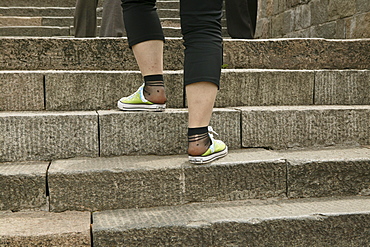 Tourists, pilgrims wearong worn out shoes, Mount Tai, Tai Shan, Shandong province, World Heritage, UNESCO, China