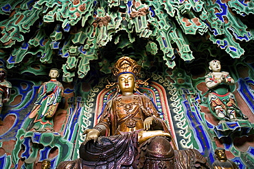 Grand Hall, Manjushri Temple with Buddha statue, Mount Wutai, Wutai Shan, Five Terrace Mountain, Buddhist Centre, town of Taihuai, Shanxi province, China