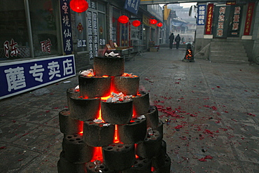 Fire with coal for the Chinese New Year festival at the village of Taihuai, Mount Wutai, Wutai Shan, Five Terrace Mountain, Buddhist centre, town of Taihuai, Shanxi province, China