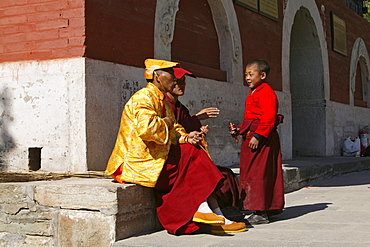 child monk, prayer ceremony, buddhist monks, court yard, during birthday of Wenshu, Xiantong Monastery, Wutai Shan, Five Terrace Mountain, Buddhist Centre, town of Taihuai, Shanxi province, China, Asia