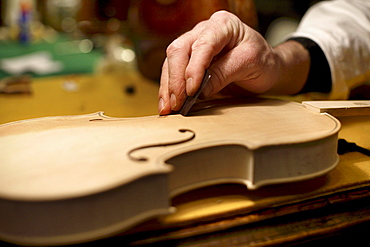 Man making a violin, Antique Violin repair shop, Old Town, Prague, Czech Republic