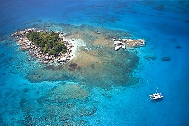 Aerial Photo of Catamaran at Coco Island, Near La Digue Island, Seychelles