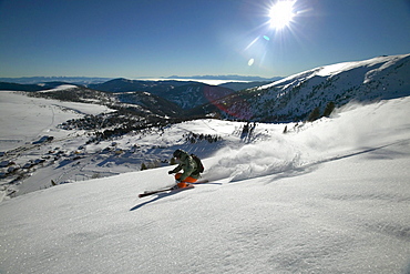 Man, Skiing, Powderturn, Downhill, Valley, Falkertsee, Carinthia, Austria