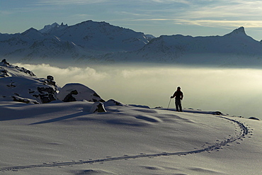 Winter Sonnenuntergang, Skifahrer, St Luc, Chandolin, Wallis, Schweiz