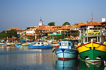 Colourful boats at harbour of Nesebar, Black Sea, Bulgaria, Europe