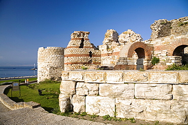 Ruins of medieval fortification walls, Nesebar, Black Sea, Bulgaria, Europe