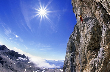 climber on fixed rope route Irg, Koppenkarstein, Dachstein range, Styria, Austria