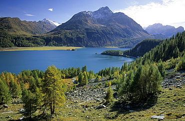 lake Silser See with Piz da la Margna, Oberengadin, Grisons, Switzerland