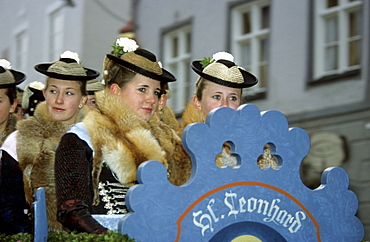 women in traditional costumes, festival of Leonhardiritt, Bad Toelz, Upper Bavaria, Bavaria, Germany