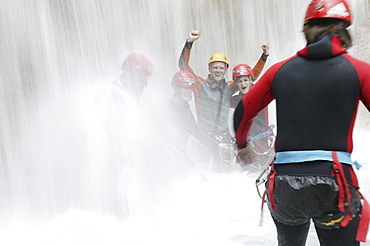 A group of people canyoning, Hachleschlucht, Haiming, Tyrol, Austria