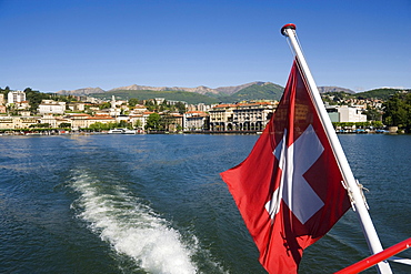 Motorboat on Lake Lugano leaving Lugano, Ticino, Switzerland