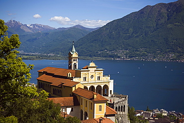 Pilgrimage church Madonna del Sasso, panoramic view over Lake maggiore, Orselina, near Locarno, Ticino, Switzerland