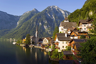 Panoramic view over Hallstatt with Protestant Christ church and catholic parish church, Lake Hallstatt, Upper Austria, Austria