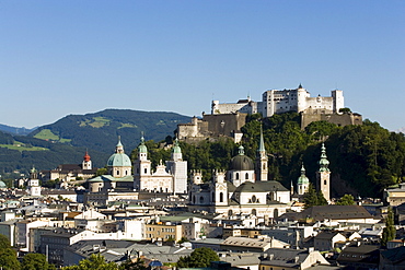 View over Old Town with Hohensalzburg Fortress, largest, fully-preserved fortress in central Europe, Salzburg Cathedral, Franciscan Church, St. Peter's Archabbey and Collegiate Church, built by Johann Bernhard Fischer von Erlach, Salzburg, Salzburg, Austria, Since 1996 historic centre of the city part of the UNESCO World Heritage Site