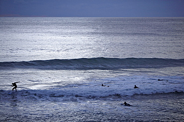 Surfers at full moon, Azores, Portugal