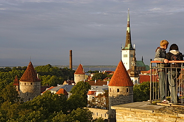 View of old town from Rohukohtu Terrace. The towers of the citywalls in the front, St. Michael Monastery and Olai Church in the background, Tallinn, Estonia