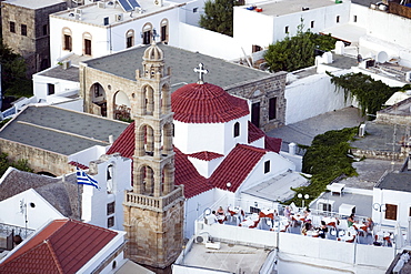 Elevated view of Panagia church, built by the Knights in the 14th century, Lindos, Rhodes, Greece