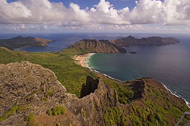 HAAâˆšÂ¢â€šÃ‡Â¨â€šÃ‘Â¢ATUATUA, aerial view of bay, beach and ocean, Nuku Hiva, Marquesas, Polynesia, Oceania