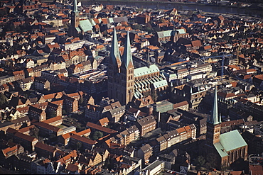 aerial photo of Luebeck, historic old town, Trave River, UNESCO World Heritage Site, Schleswig Holstein, Germany