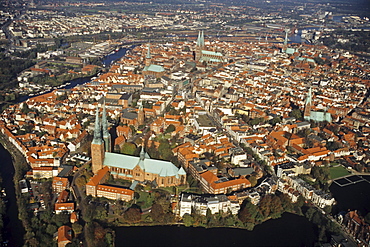 aerial photo of Luebeck, historic old town, Trave River, UNESCO World Heritage Site, Schleswig Holstein, Germany