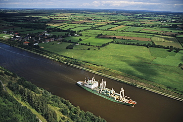 aerial photo of Kiel Canal, container ship, Baltic Sea, Schleswig Holstein, northern Germany